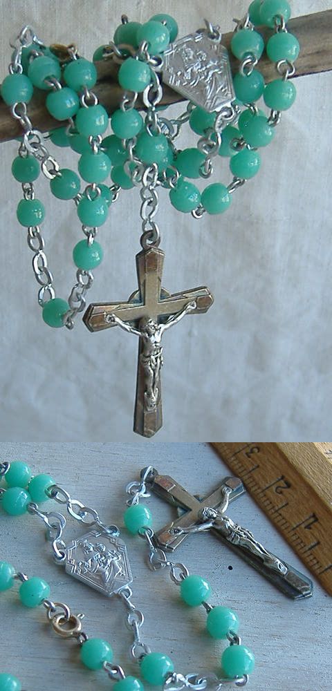 画像1: アンティーク十字架クロスロザリオネックレス　エメラルドグリーン