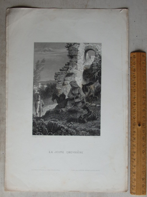 画像1:  紙物プリント版画 ヤギと女性 スクラップブッキング 1850年